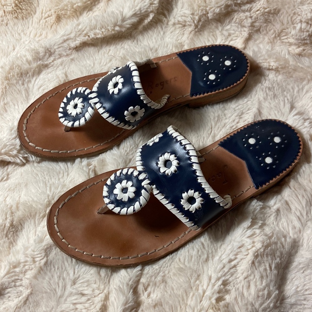 Jack Rogers Palm Beach Flat Sandals Navy/ white Leather Size 6